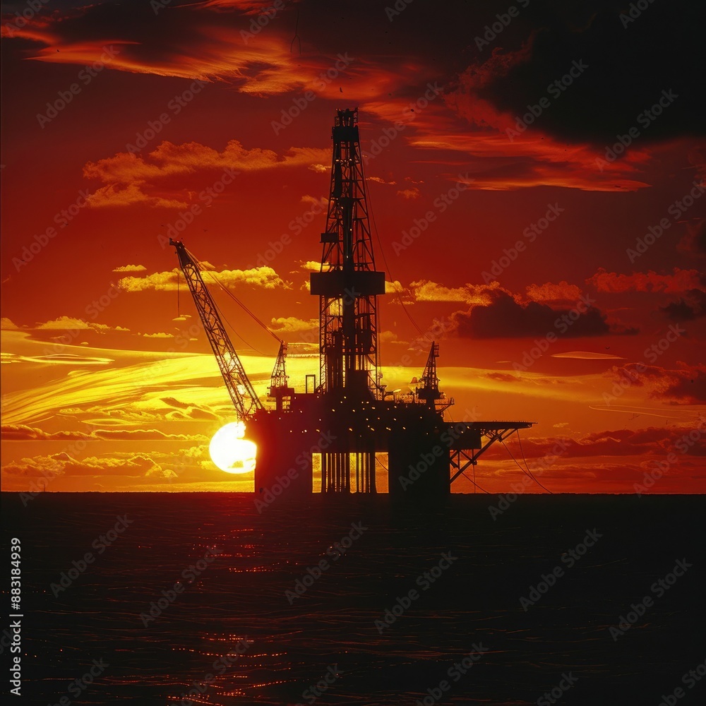 Poster an offshore oil rig with the sun setting behind it, creating a silhouette effect against the dusky s