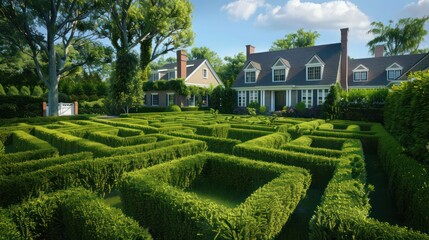 Suburban Colonial home with a neatly trimmed hedge maze in the front yard, offering both privacy and a playful landscape feature