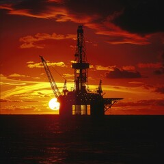 Obraz premium An offshore oil rig with the sun setting behind it, creating a silhouette effect against the dusky sky. 