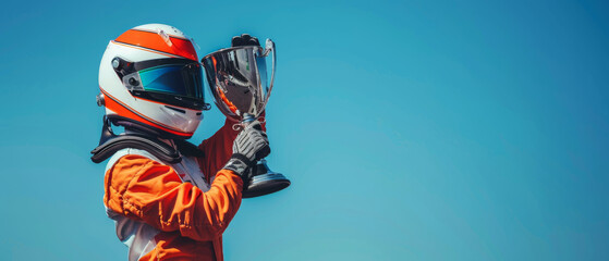 Obraz premium A triumphant racer holding a trophy aloft, clad in racing gear and helmet, celebrates under a clear blue sky, embodying victory and achievement.