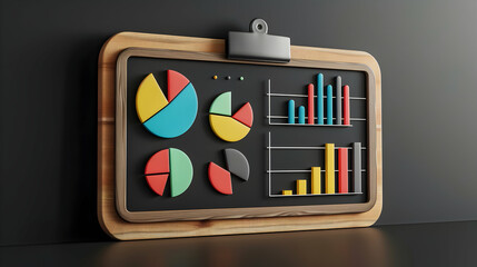 3D Flat Icon: Blackboard with Pie Charts and Clipboard Concept for Visual Data Representation and Business Analysis on Dreamy Background Isolated White