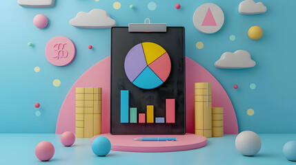 3D Flat Icon: Blackboard with Pie Charts Clipboard Concept for Visual Data Representation and Business Analysis Isolated White Background