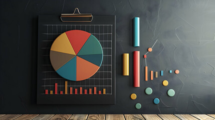 3D Flat Icon: Blackboard with Pie Charts and Clipboard Concept for Visual Data Representation and Business Analysis, Isolated on White Background