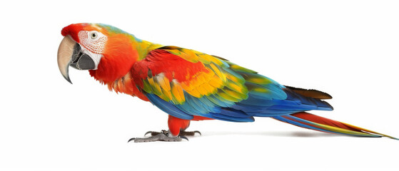 Obraz premium A bright, colorful parrot with a mix of red, blue, yellow, and green feathers, posing against a plain white background.