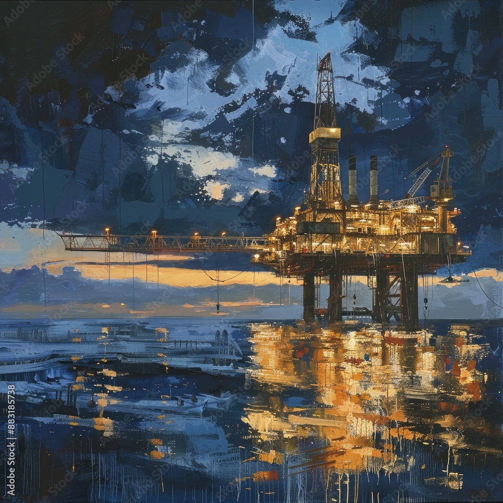 Poster an oil rig at dusk, with the horizon line blending with the twilight sky and the platform lights cas