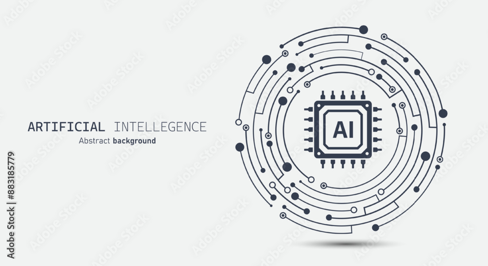 Poster AI chip icon on circuit board. Futuristic artificial intelligence abstract background. Machine learning, Large data processing, database concept. Vector illustration for web, banner and template.