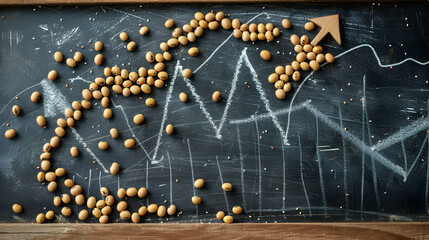Fototapeta premium 3D Flat Icon: Blackboard with Soybeans and Downward Arrow on Dreamy Background Symbolizing Decline in Soybean Value | Isolated White Background