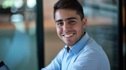 Fototapeta premium Film photography, portrait, young 40-year-old Argentine executive in shirt, smiling looking at the camera in a company with tablet in hand 