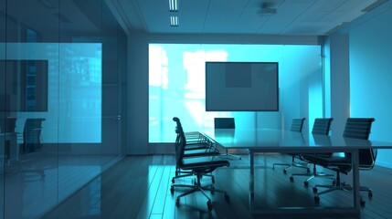 Modern Office Meeting Room with Glass Walls and Blue Lighting.