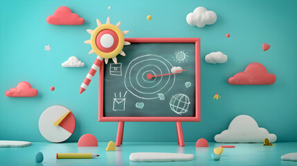 Obraz premium 3D Flat Icon of Blackboard with Strategic Goals and Pen Concept for Business Analysis, Isolated on White Background