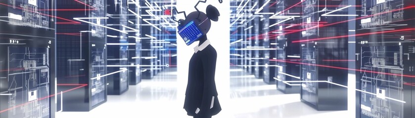 Fototapeta premium A lady with a mask stands in the foreground of a server room.