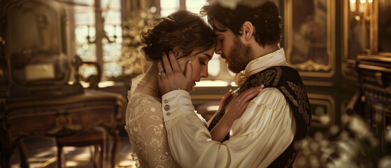 An elegant couple in historical attire shares an intimate moment in a richly decorated, vintage room filled with classic furniture and warm lighting.