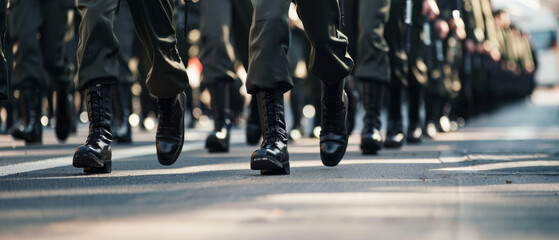 Obraz premium Rows of soldiers in uniform marching in unison, their boots hitting the ground with precision, symbolizing discipline, unity, and strength in a military display.