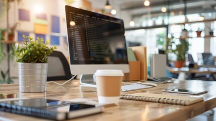 Naklejka premium Modern Office Desk with Computer, Notebook, and Coffee.