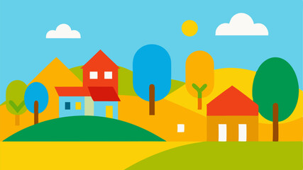 Fototapeta premium Cartoon Vector Countryside with Houses and Green Fields - Children's Book Style