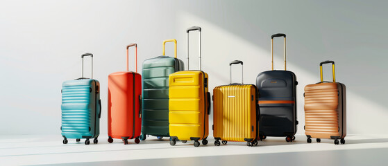 A variety of colorful suitcases aligned in front of a wall, ready for an adventure, showcasing travel readiness and anticipation.