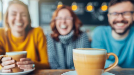 Fototapeta premium Three friends enjoying coffee together at a cozy cafe, blurred background highlighting warm and joyful atmosphere, focus on latte cup.