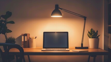 Modern home office desk with laptop and desk lamp.