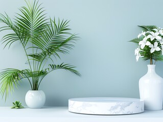 Minimalist interior design with a white marble pedestal, potted plants, and white flowers in a vase against a light blue wall.