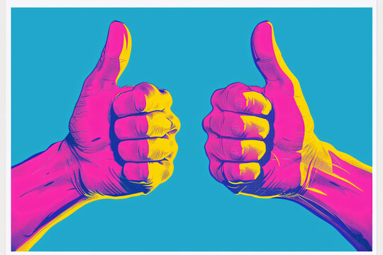 
A pair of pink and yellow hands in a thumbs up pose against a solid blue background with a neon light effect and simple, symmetrical composition in a minimalist style - Powered by Adobe