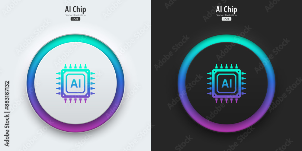 Poster AI chipset icon. Futuristic artificial intelligence symbol. A set of buttons with microchip symbols. Neumorphism style, UI UX design. large data processing, database concept. Vector illustration.