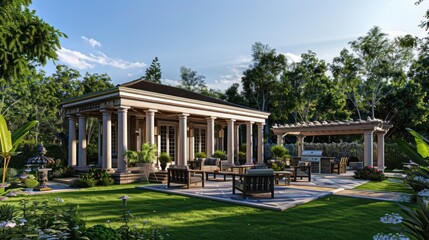 Obraz premium Suburban Colonial home with a backyard pavilion, styled as a classic Greek temple, offering a regal setting for garden parties