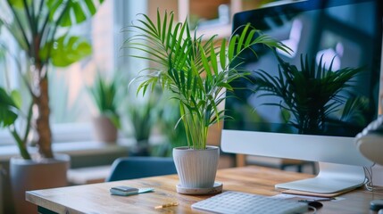 Green Plant on Desk with Computer.