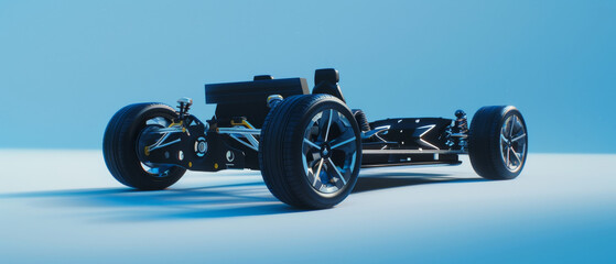 A futuristic car chassis displayed on a bright blue background, showcasing advanced design and sleek engineering.