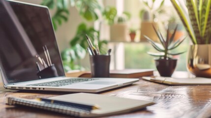 Modern Laptop, Notebook, and Pencils on Wooden Desk.