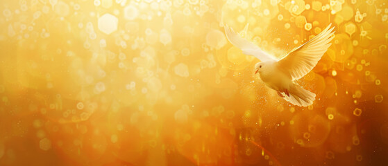 A white dove gracefully soars against a backdrop of golden, sparkling light, symbolizing peace and freedom.
