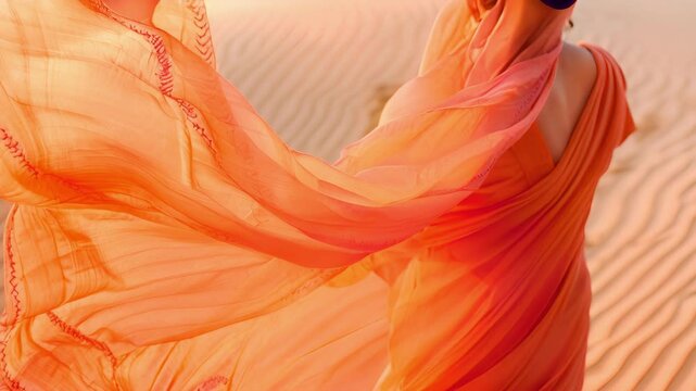 A sunsethued sari reminiscent of a fiery sky seemingly suspended in midair against a backdrop of sand dunes.