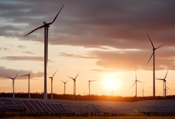 Obraz premium sunset wind solar farm renewable energy green alternative