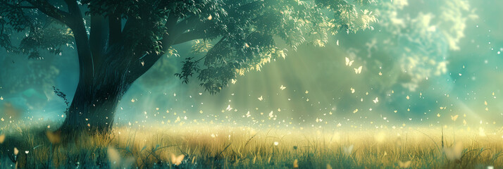Fototapeta premium Japanese fantasy eastern landscape. Anime Spring summer autumn art background. Morning big tree, green grass rays of sunshine, butterfly's. Poster invitation flyer banner header. Generative Ai content