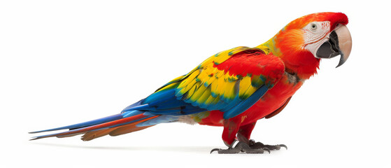 Obraz premium A colorful parrot with predominantly red, blue, yellow, and green feathers, shown against a plain, white background.