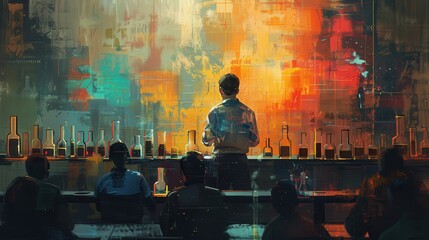 Instructor giving advice on scientific research methods in a seminar with lab equipment, Industrial, Cool Tones, Digital Painting