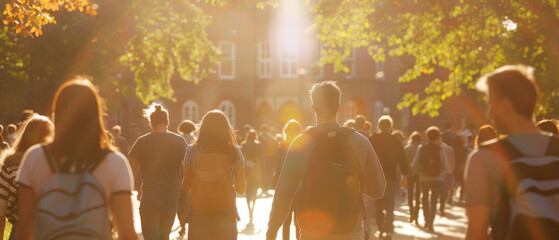 A bustling crowd on a sunlit campus walk, with people carrying backpacks, framed by the glow of the setting sun through the trees.