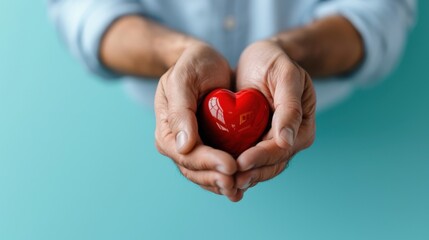 Fototapeta premium A close-up of a person holding a bright red heart-shaped object in both hands, symbolizing love, care, and compassion. The background is a soft blue color.