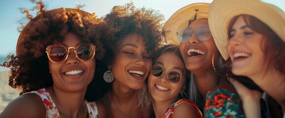A multiethnic group of women, having fun together outdoors during summertime, their faces filled with youthful joy