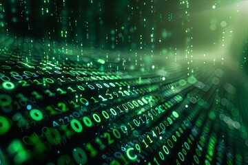 Green dark binary code data streaming background created with Generative AI