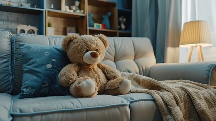 Cute teddy bear sitting on couch in cozy living room