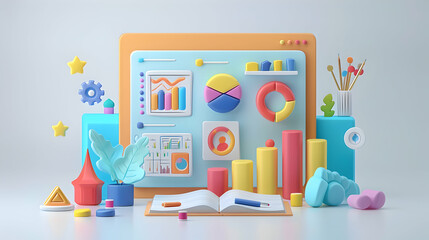 3D Flat Icon: Designer with Sketchpad and Goal Chart Concept for Creative Design and Business Goals on White Background