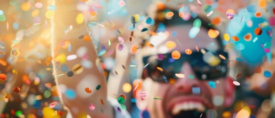 Vibrant celebration with confetti flying, capturing joyous moments and festive energy in a colorful outdoor party atmosphere.