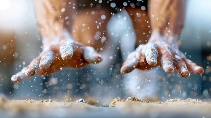 A dramatic close-up shot capturing an athlete’s hands as they prepare to push off from a sandy surface, demonstrating concentration and focus under pressure.