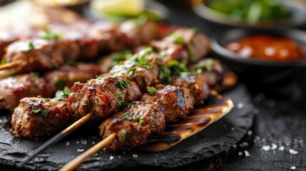 Deliciously grilled meat skewers are perfectly cooked and garnished with freshly chopped herbs, offering a mouth-watering and visually appealing dish.