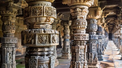 Intricate Carvings on Stone Pillars of an Ancient Indian Temple