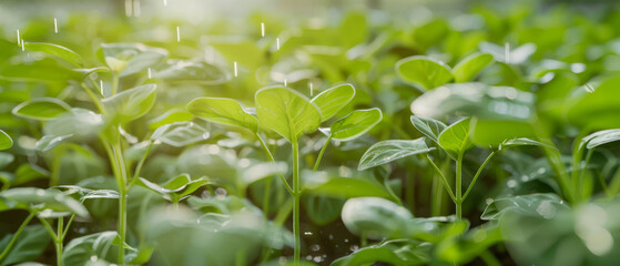 Obraz premium Young sprouts in a garden bask in the warm sunshine, with raindrops gently falling, highlighting the essence of new life and growth in nature.