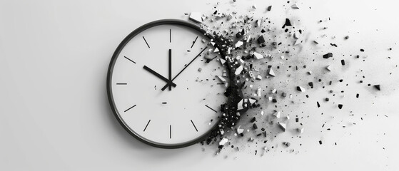 A wall clock disintegrates into particles, symbolizing the fleeting nature of time against a minimalist background.