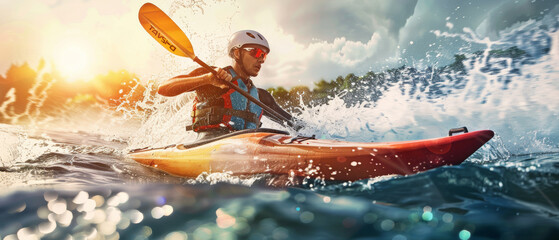 A kayaking enthusiast powers through turbulent waves, the sunset casting a golden glow over their intense effort.