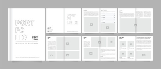 Real estate portfolio design or interior portfolio pages or architecture portfolio brochure template with 12 pages premium EPS vector design