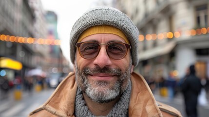 A man with glasses and a beanie smiles warmly at the camera in a bustling urban street scene, suggesting a casual and relaxed atmosphere during a cold day.